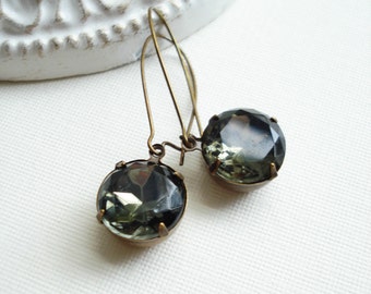 Black Diamond Dangle Long Earrings In Antiqued Brass. Dark Grey Earrings Vintage Rhinestone Jewelry Vintage Style Gift For Her Under 25