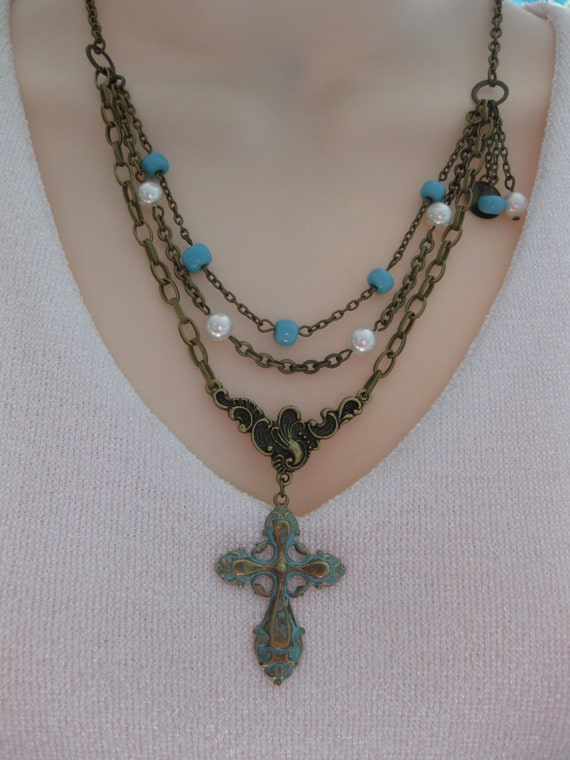 Cross Necklace Beaded Necklace Multistrand by RalstonOriginals