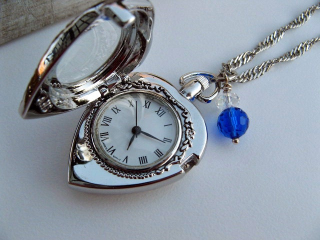 Sale - Victorian Heart Pocket Watch Necklace - Locket Pendant - Keepsake Jewelry - Glass View Window - Swarovski Crystal Charm