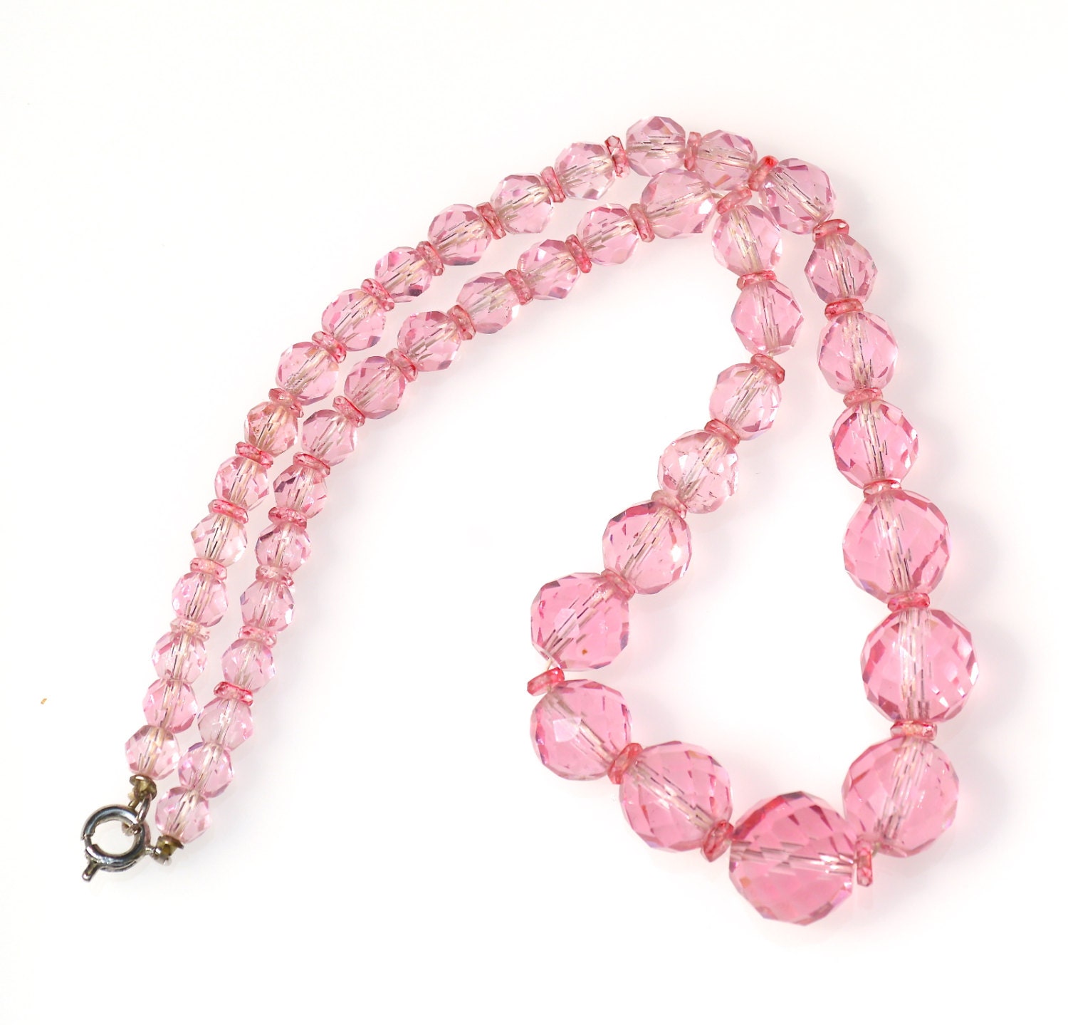 Antique Pink Faceted Glass Beaded Necklace Deco . Unique Pink