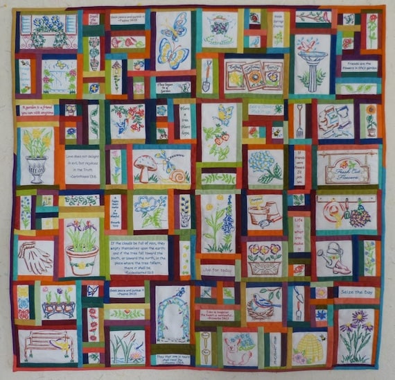 Prayer Garden Quilt Machine embroidery and painted blocks by Beaquilter