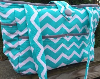 Large Bag- Diaper Bag- Work Bag- School Bag- Travel Bag, Teal chevron grey interior