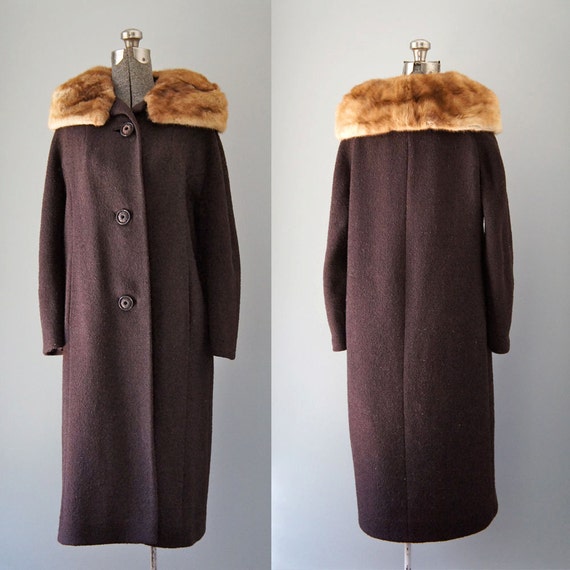 Items similar to Vintage Brown Wool Coat with Fur Collar 1950s Boucle