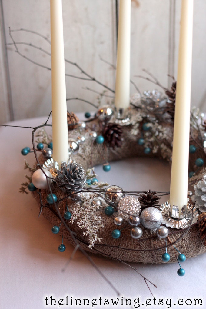 Glittering Forest Advent Wreath - Holiday Table - Candle Decor - Christmas Decoration - Yule