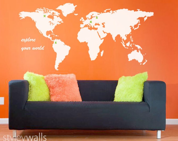 World Map Wall Decal, World Map Wall Sticker for Home Decor, World Map Wall Decor, World Map Decal for Office Design