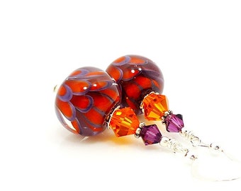 Purple and Orange Earrings, Lampwork Earrings, Glass Earrings, Glass Bead Earrings, Beadwork Earrings, Lotus Flower Earrings, Unique Earring