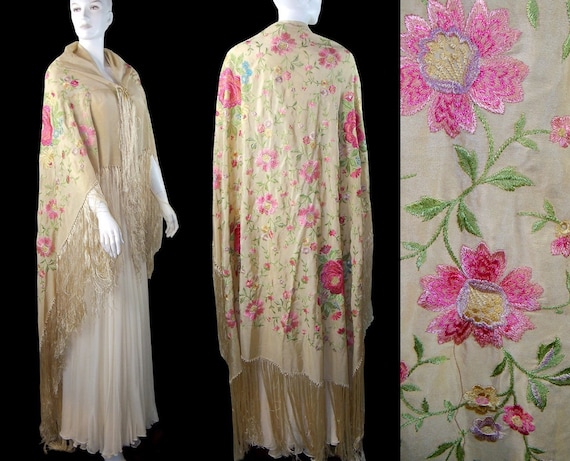 Huge Silk Embroidered Antique Victorian Piano Shawl by PinkyAGoGo