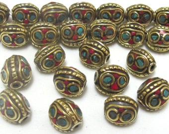 Ethnic Tibetan brass beads with turquoise and coral inlay - 2 beads - BD435