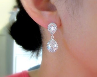 bridal Jewelry bridal earrings wedding prom party jewelry bridesmaid gift Clear white teardrop cubic zirconia teardrop cz post (S)