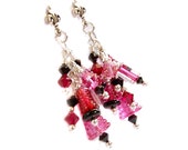 Black and Pink earrings with Sterling Silver Long pink chandelier earrings, Swarovski crystals in pink and fuchsia with lampwork glass beads