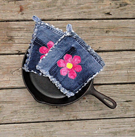 Items similar to Blue Jean Potholders Flower Power Hotpads The Best