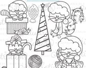 Christmas Cats Cute Digital Stamps for Commercial or Personal Use, Christmas Digital Stamp, Christmas Graphics, Christmas Line Art Il_170x135