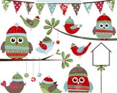 Holiday Birds V2 Cute Christmas Digital Clipart - Commercial Use OK - Christmas Birds, Winter Birds, Christmas Owl Clipart, Winter Owls Il_170x135