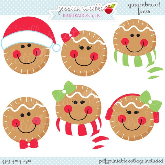 Gingerbread Faces Cute Christmas Digital Clipart Commercial