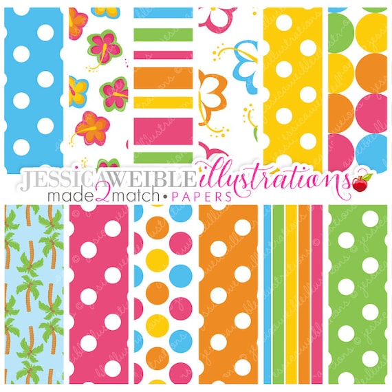 Hula Party Cute Digital Papers - Commercial Use OK - Tropical Flower Backgrounds, Tiki Digital Papers Il_570xn