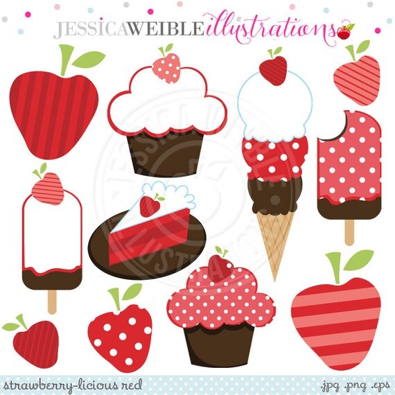 Strawberry-licious RED Cute Digital Clipart - Commercial Use Ok - Red Strawberry Clipart, Strawberry Graphics Il_570xn