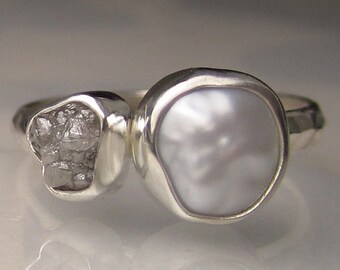 Baroque Pearl and Rough Diamond Ring - Recycled Palladium Sterling Engagement Ring - Made to Order