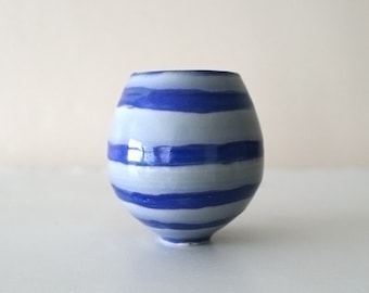 Tiny Stoneware Cup with Ocean and Sky Design / Wheel Thrown / Cobalt and Cerulean / "SAN SHUI 3"