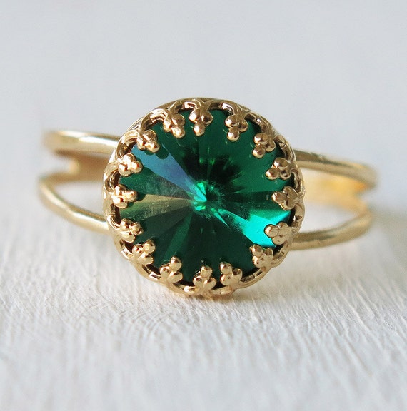 emerald ring gold ring Swarovski ring green by sohocraft on Etsy