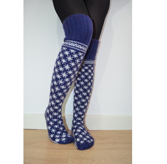 Hand Knit Wool Socks Above the Knee Blue White Christmas