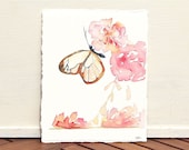 Glasswing butterfly- small original watercolor painting, pink flowers, minimalist
