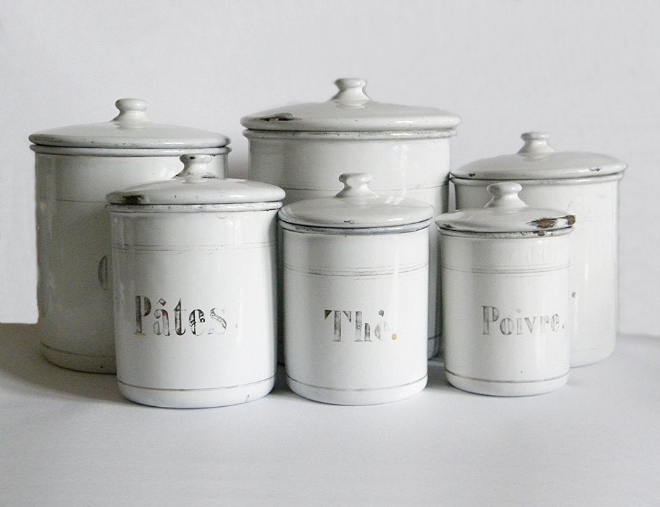 french enamel  canisters 6 vintage enamelware  white kitchen 