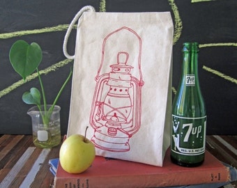 Lunch Bag - Screen Printed Recycled Cotton Lunch Bag - Reusable and Washable - Eco Friendly Lunch Box - Handmade - Canvas Tote Bag - Lantern