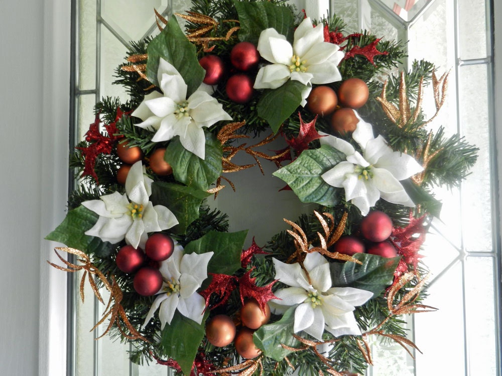 Christmas Wreath white poinsettia, red and copper glitter leaves, red and copper balls . Special offer on matching centerpiece