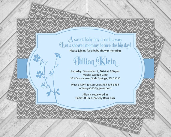 baby boy shower invitation printable - baby blue and gray baby shower invite cherry blossoms - asian style (822) Il_570xn