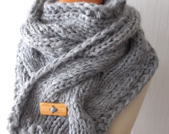 Grey Chunky Scarf Thick Cabled Handknit Cowl Winter Accessory