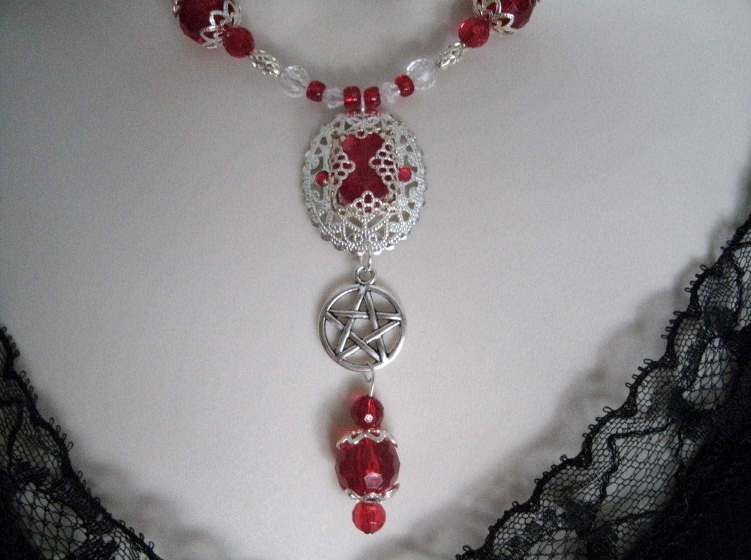 Red Pentacle Necklace wiccan jewelry pagan jewelry by Sheekydoodle