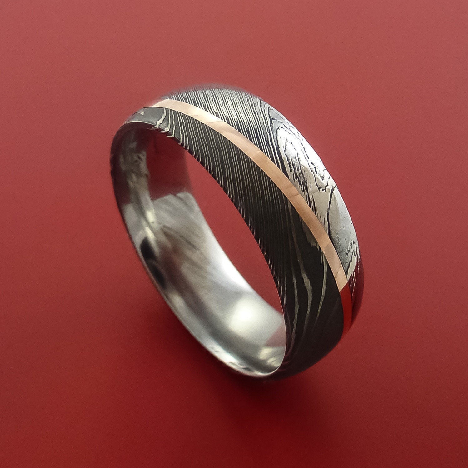 Damascus Steel Diagonal 14K Rose Gold Ring Wedding Band Custom