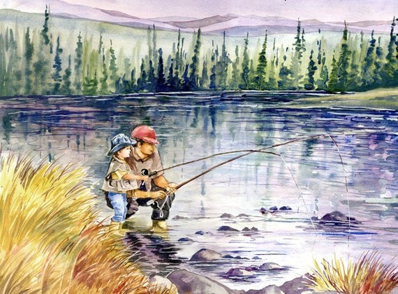 Items similar to Fly Fishing with Dad in the Mountains, watercolor ...