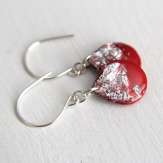red and silver leaf earrings on sterling silver earwires - glitter earrings