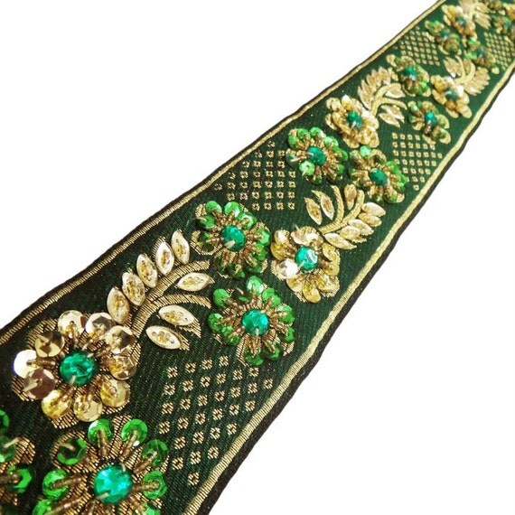 Decorative Beaded Trim Floral Border Green by Indianbeautifulart