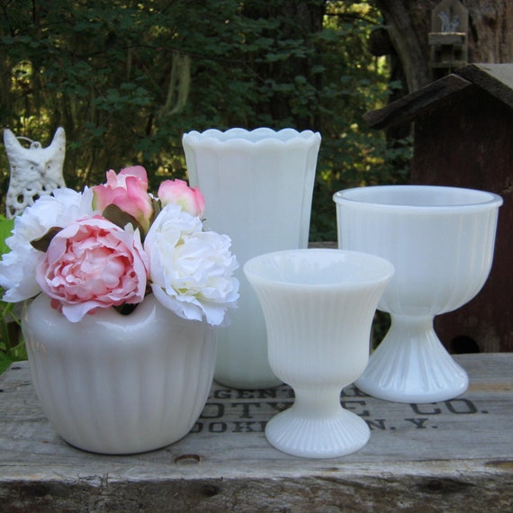 4 Milk Glass Compotes and Vases White Vases Ribbed Pattern