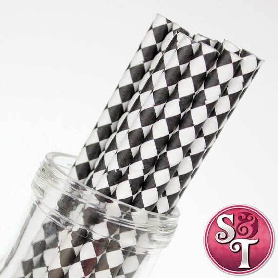 Harlequin Diamond Black Party Paper Straws - Cake Pop Sticks - Pixie Sticks - Qty 25 Il_570xn