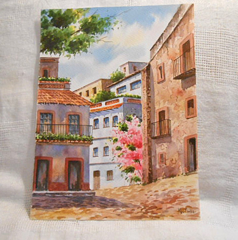 Peaceful CITY STREET SCENE Watercolor Painting Pink by AzaleaTrail