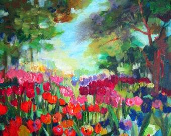 Landscape Painting Tulips Forrest canvas art 22 x 28 Original Painting Art by Elaine Cory