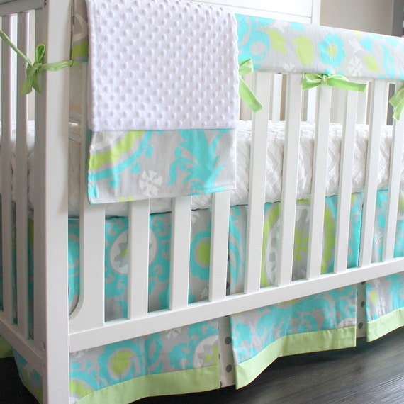 Ocean Blue Bumperless Crib Rail baby bedding set.