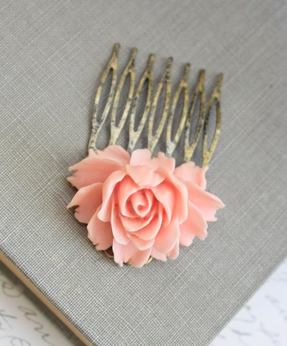 Pink Rose Comb Romantic Floral Comb Metal Hair Comb Peach