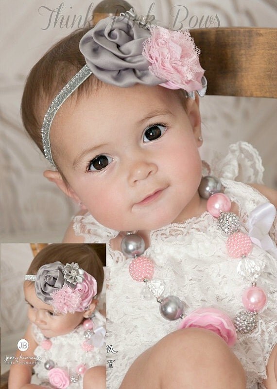 LIttle girls Chunky Necklace and Baby Headband SET,Baby Headbands, Pink and Grey Chunky Necklace, Pink and Grey baby headband 1st birthday by ThinkPinkBows