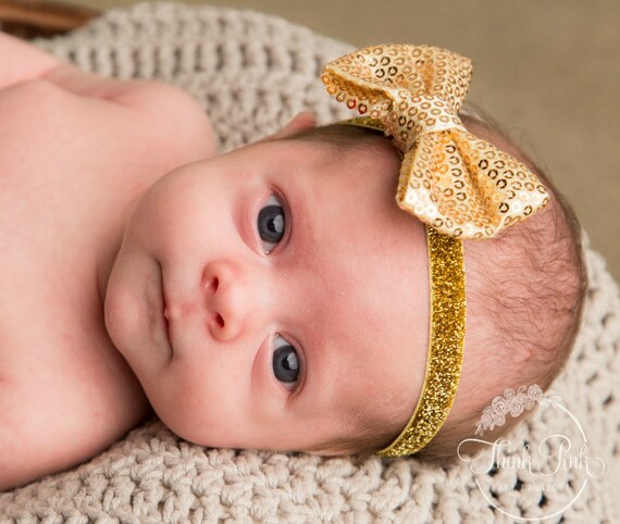 Gold Baby Headband, Newborn Headband, Infant Headband, Christmas Headband, Gold Bow Headband, Gold Baby Headband, Baby Hair Bows. by ThinkPinkBows