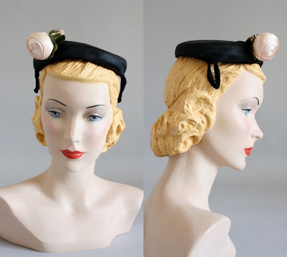 Vintage 40s Hat/ 1940s Fascinator Hat/ Black Fascinator Hat w/