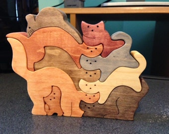 Wood Stacked CATS Puzzle - Handmade - 9 Pieces - Stained In Various Colors
