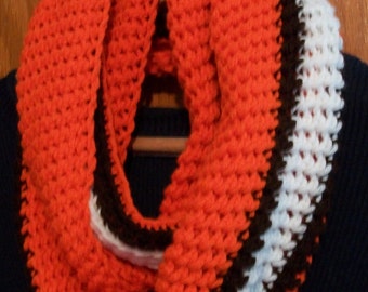 Cleveland Infinity Scarf Orange Brown White Hand Crocheted