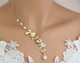 Gold Orchid Necklace - Pearl Necklace Wedding Jewelry, Bride, Bridesmaids Gift, Unique Wedding Necklace, Gold Bridal Jewelry,