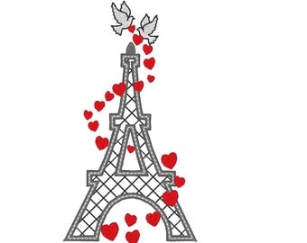 Eiffel tower and love - machine embroidery applique and filled designs - 5, 6 and 7 inches INSTANT DOWNLOAD