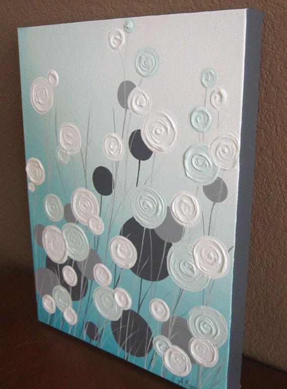 Aqua and Grey Textured Flower Art Original Painting on
