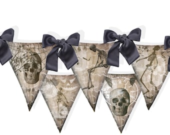 Halloween banner Macabre gothic grunge skeleton flags DIY craft kit printable